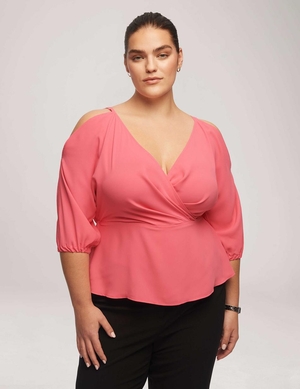 Grande Taille Anne Klein Cold Shoulder Crossover Peplum Blouse   | QVL-6902638